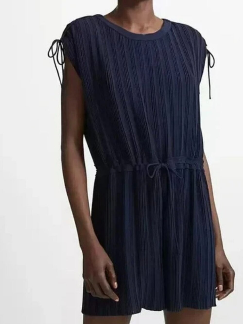 Club Monaco Viga Pleated Tie-Shoulder Romper Navy 4 Minimalist Quiet Luxury